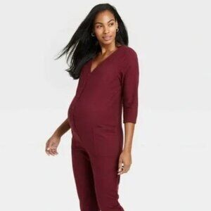 The Nines by HATCH 3/4 Sleeve Button-Front Maternity‎ Jumpsuit Wine Red Sz Small